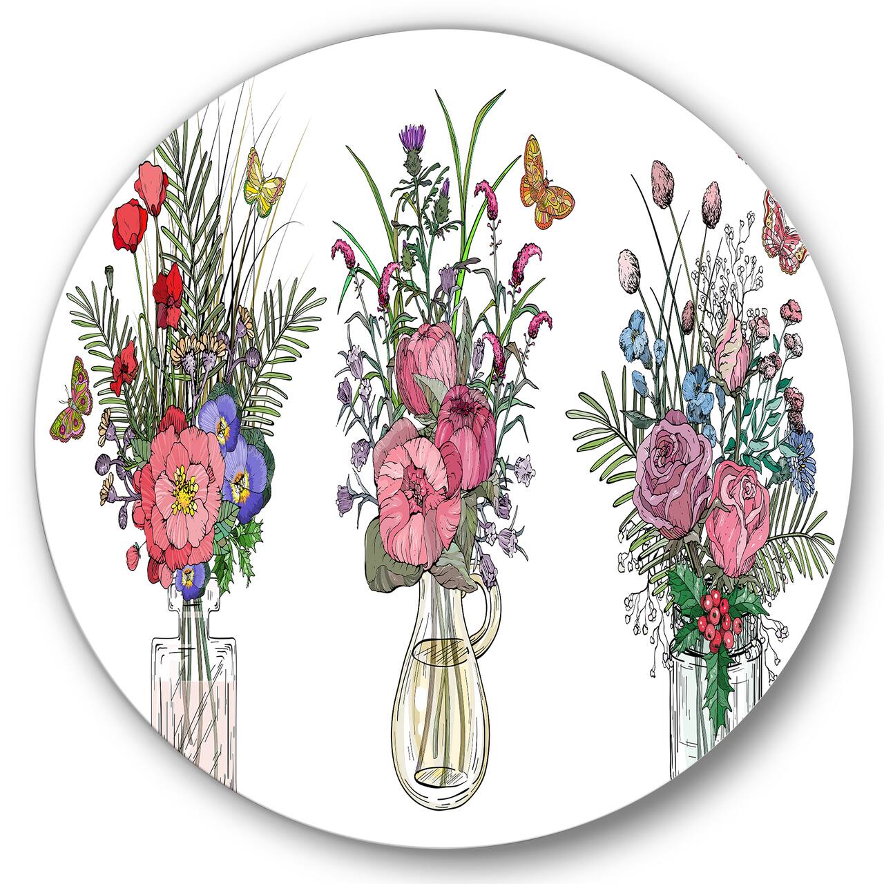 Designart - Bouquets Of Wildflowers In Transparent Vases II - Farmhouse Metal Circle Wall Art